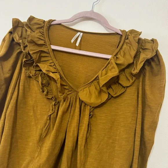 Anthropologie Ruffled V Neck Burnished Gold Blouse - Picture 4 of 6
